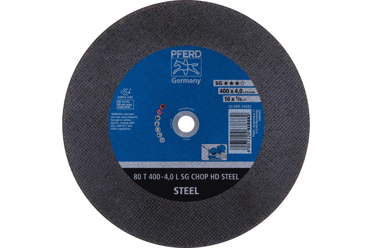 Picture of Pferd Large Diameter Cut-Off Wheel 16" X 1/8 X 1, Sg Chop Hd Steel, K, Aluminum Oxide